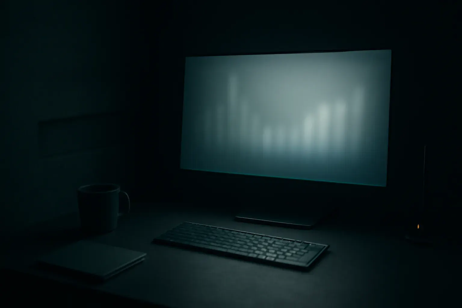 A dark workspace in Decatur, Georgia, with a monitor glowing on an empty desk.