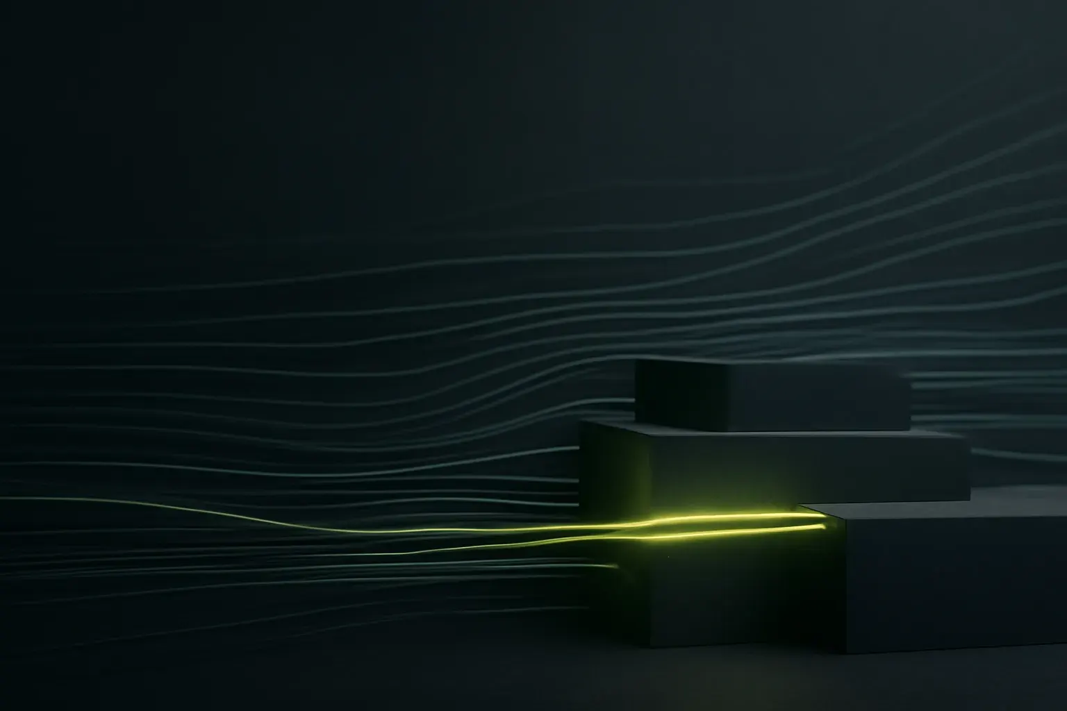 Wide abstract composition of streaming answer layers in lime and charcoal.