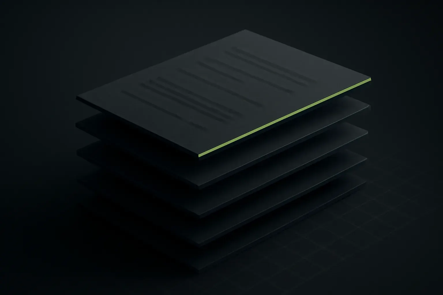 Stacked page planes in tiers with a lime cluster.