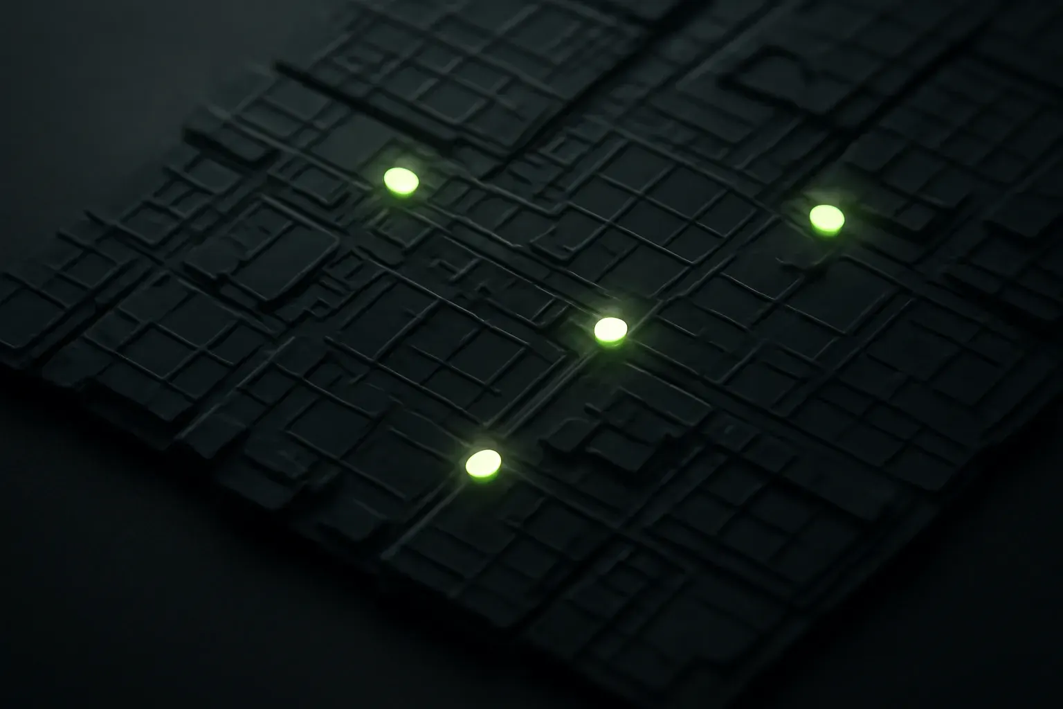 Abstract map grid with lime points marking locations.